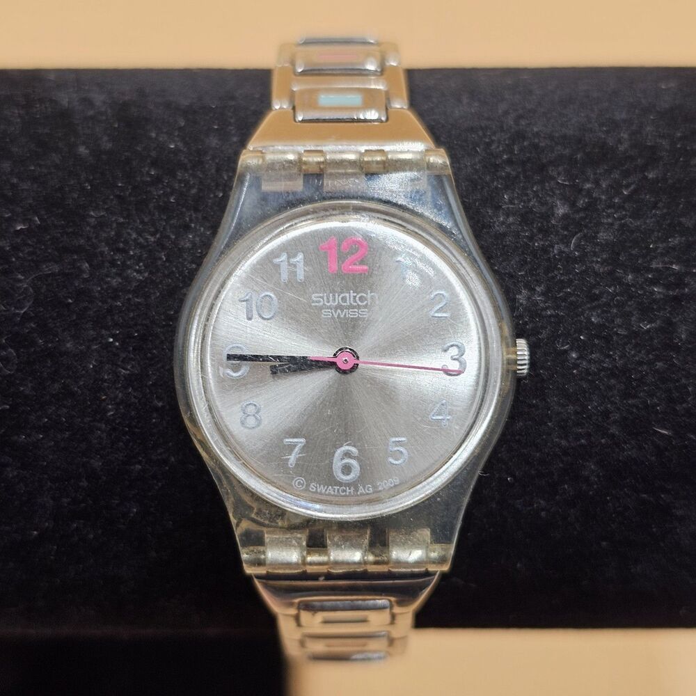 Vintage Swatch AG 2009 Silver Sunburst Dial Clear Case Ladies Watch New Battery